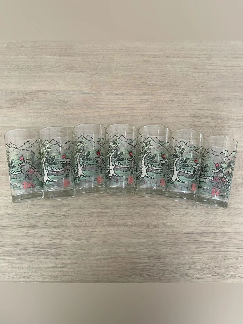 Vintage MCM Libbey “JAPANESE GARDEN” Highball  Glasses Green Tote Rack Set of 7